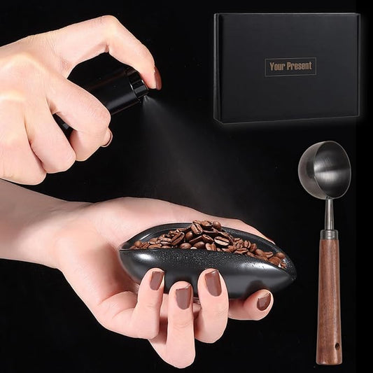3pcs Coffee Bean Dosing Cup Set with Gift Box, Dosing Ceramic Cups Stainless Steel Spoon Portable Spray Bottle Static Reduction Precise Measuring for Espresso Tea Coffee Bar Accessories Kit by Dazzleimart