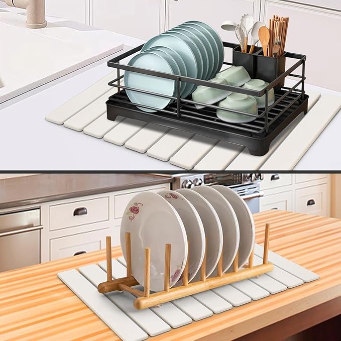 Large Stone Dish Drying Mats for Kitchen Counter, 23"(L)×15"(W) Quick Dry Collapsible Dish Drying Mat, Eco-Friendly Absorbent Diatomaceous Earth Mats for Dishes Bottles Cups, Match Any Countertop
