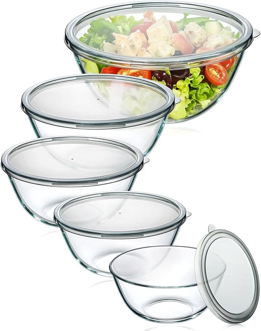 Glass Mixing Bowls with Lids Set of 5(4.78QT,2.2QT,1.7QT,1.1QT,0.85QT),Thick Glass Nesting Bowls for Kitchen Baking,Cooking Prep,Storage,Serving,Large Salad Bowls,Dishwasher Microwave Freezer Safe by KEMETHYFocusesonCreatingEfficientStorageProductswithQualityMaterials