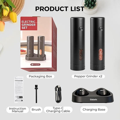 110ml Electric Salt and Pepper Grinder Set, Rechargeable salt and pepper shakers with LED Light, 2-Pack with Charging Base, External 6 Adjustable Coarseness, Holiday Gifts