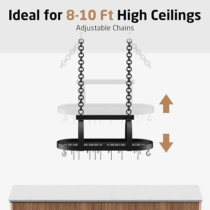KES 48 Inch Large Hanging Pot Rack, Heavy Duty Oval Pot and Pan Hanging Rack Ceiling Mount, Pot Pan Hangers for Kitchen with 20 Hooks, Matte Black, (For 16" and 24" Joist Mount), KUR225S122-BK - Image 8