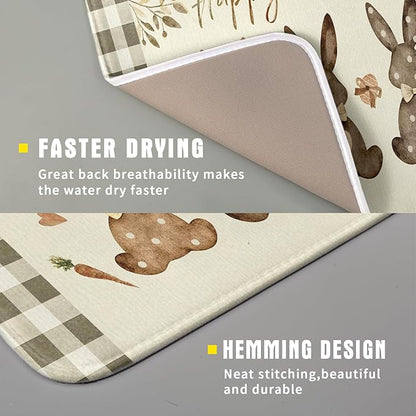 Giwawa Happy Easter Dish Drying Mat for Countertop, 16"x18" Cute Bunny Rabbits Eggs Carrot Dish Drainer Mats, Bufflao Plaids Fast Dry Microfiber Large Dish Drying Pad Kitchen Accessories Decor