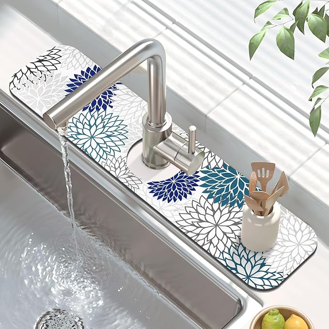 Findosom 2PCS 16" x 24" Dish Drying Mat & 24" x 5.5" Sink Splash Guard, Super Absorbent & Cuttable Dish Mat Drying Kitchen Mat with Blue Floral, Hide Stain Drying Mat for Kitchen Counter - Image 4