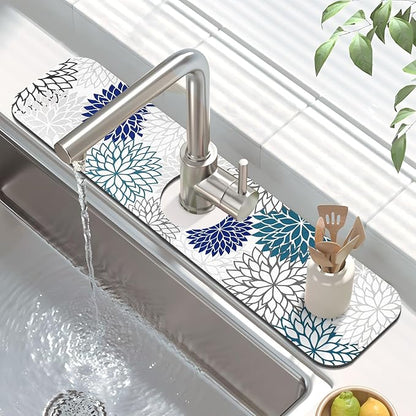 Findosom 2PCS 17" x 32" Dish Drying Mat & 24" x 5.5" Sink Splash Guard, Super Absorbent & Cuttable Dish Mat Drying Kitchen Mat with Blue Floral, Hide Stain Drying Mat for Kitchen Counter - Image 4