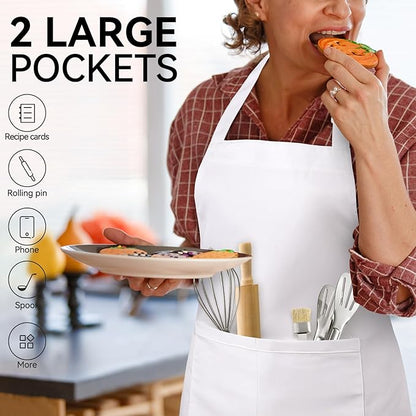 2 Packs White Apron, Adjustable Cooking Aprons, Waterdrop Resistant Kitchen Aprons for Women Men Chef, BBQ Drawing(White,2)