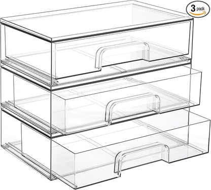 Vtopmart 12.1''W Clear Stackable Storage Drawers,3 Pack Acrylic Plastic Organizers Bins for Makeup Palettes, Cosmetics, and Beauty Supplies,Ideal for Vanity, Bathroom,Cabinet,Desk Organization by Vtopmart