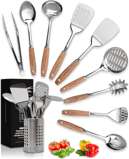 Home Hero Stainless Steel Kitchen Utensils Set - Wood Handle Nonstick Stainless Steel Cooking Utensils Set - Heat Resistant Kitchen Essentials & Metal Kitchen Gadgets (Silver & Wood) by HomeHero