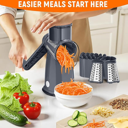 Rotary Cheese Grater Hand Crank with 5 Interchangeable Blades, Vegetable Slicer Chopper for Fruit Vegetable Nuts, Mandoline Slicer for Kitchen with Blades Rack & Suction Base, Grey
