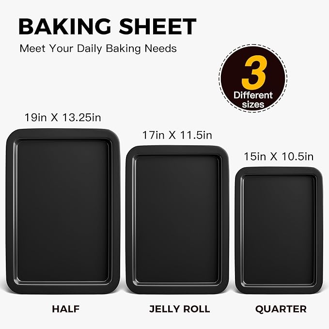HONGBAKE XL Large Baking Sheet Set-19x13.25 in, Large Cookie Sheet Pan, Nonstick Oven Tray with Wider Grips, 3 Pack Bakeware, Dishwasher Safe - Dark Grey - Image 3