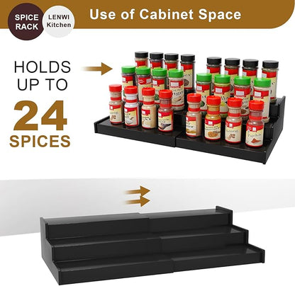 Lenwi Spice Rack Organizer for Cabinet 2 Pack, 3 Tier Expandable Bamboo Spice Storage for Kitchen Cupboard Pantry, Black - Image 3