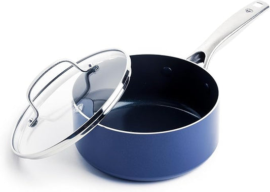 Blue Diamond Nonstick 2QT Saucepan with Lid, Non Toxic PFAS-Free Diamond Ceramic, Dishwasher & Oven Safe, Metal Utensil Safe Pot, Stay Cool Handle, Chef Pan, Glass Lid, Blue by BlueDiamondCookware