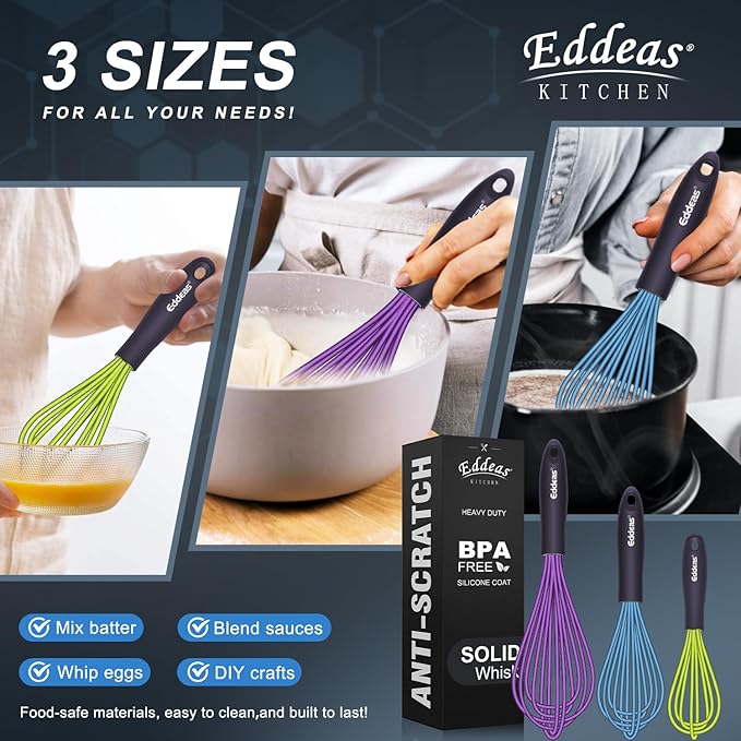 Eddeas Silicone Whisk, 500°F Heat Resistant Non Scratch Coated Whisks for Cooking Baking Balloon wisk, Kitchen Whisk Tool Set, for Stirring, Beating & Blending of 3 Size 7.5"+ 9" +11 inch - Image 6