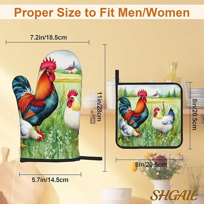 Oven Mitts and Hot Pads Set - Farmhouse Rooster Design, Heat Resistant Cute Pot Holders for Kitchen, Baking Gifts for Women