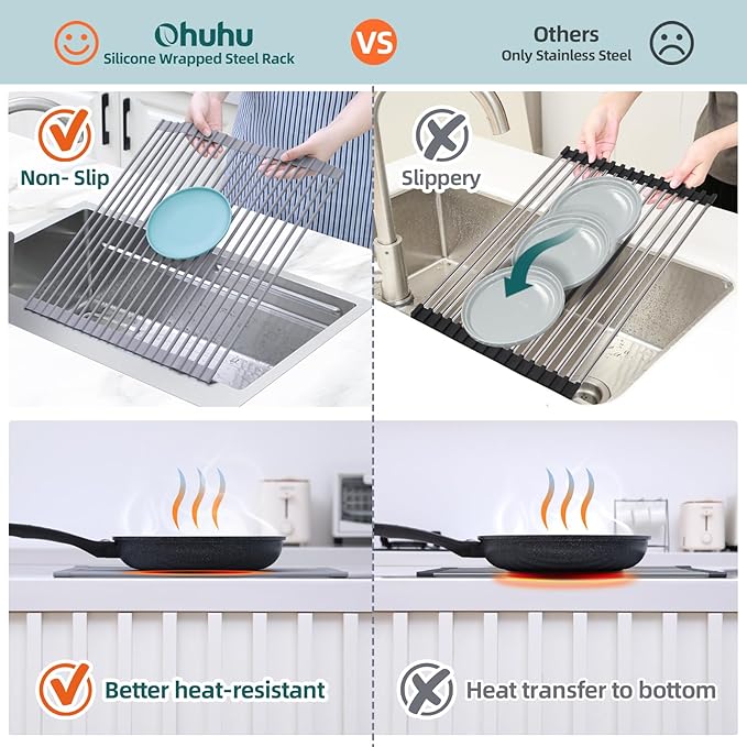 Ohuhu Over Sink Dish Drying Rack, Silicone Wrapped 17.6" W x 15.4" L Large Over The Sink Roll Up Dish Drainer - Foldable Sink Drying Rack Rolling Drain Mats Anti-Slip Multipurpose for Kitchen Counter - Image 5