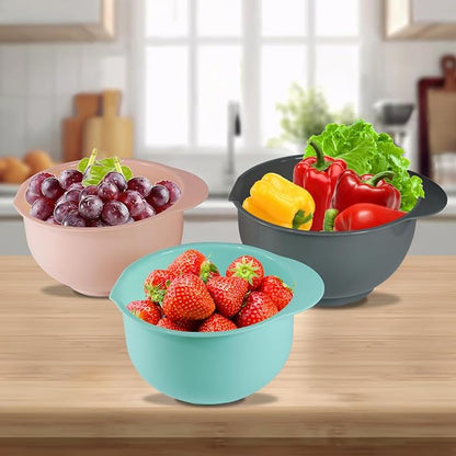 Set of 3 Mixing Bowls with Pour Spout-Nesting Design Saves Space - Non-Slip, BPA Free, Dishwasher Safe Plastic - Kitchen Cooking and Baking Supplies (Green Pink Grey) - Image 7