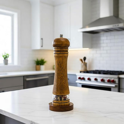 Wood Salt and Pepper Grinder, Salt Grinder and Pepper Mill, Oak Wood Shakers with Adjustable Ceramic Grinders (8″ - 1 Pack with Tray)