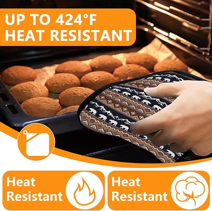 Vintage Rustic Bear Oven Mitts and Pot Holders Sets 4Pcs,Extra Long Oven Gloves Potholder for Kitchen Cooking Baking BBQ 100% Cotton Heat Resistant - Image 4
