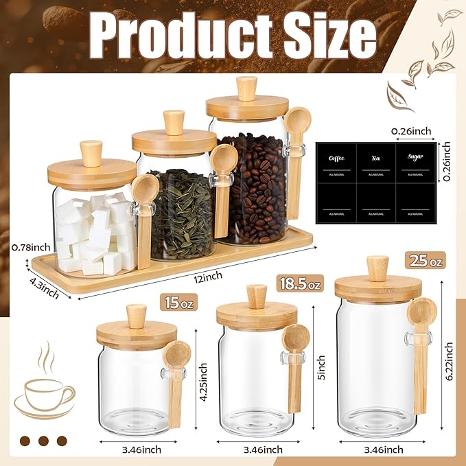 Suclain 3 Pcs Glass Coffee Container with Wooden Lid Spoon Shelf Labels Clear Airtight Jar Food Storage Canister Set for Sugar Spice Coffee Bean Holder Housewarming Gift(13.5,20,25 oz,Natural Bamboo) - Image 2