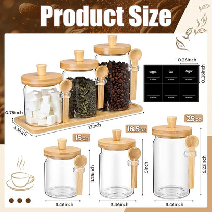 Suclain 3 Pcs Glass Coffee Container with Wooden Lid Spoon Shelf Labels Clear Airtight Jar Food Storage Canister Set for Sugar Spice Coffee Bean Holder Housewarming Gift(13.5,20,25 oz,Natural Bamboo) - Image 2