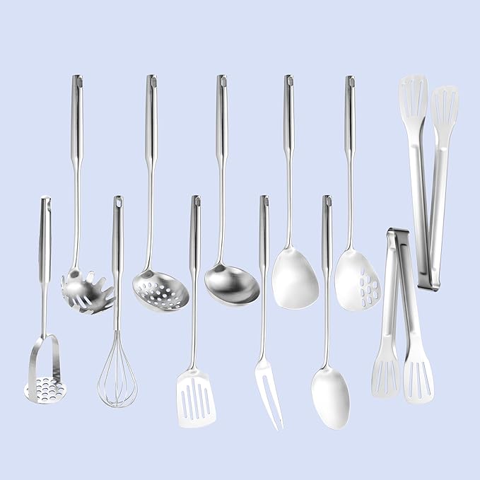 Stainless Steel Kitchen Utensils 12 Pcs, Small Cooking Utensils Set,Spatulas,Ladle,Skimmer,Tunners,Serving Spoon,Spaghetti Spoon,Fork,Potato Masher,Egg Whisk,Tongs,Dishwasher Safe by NIITAWH