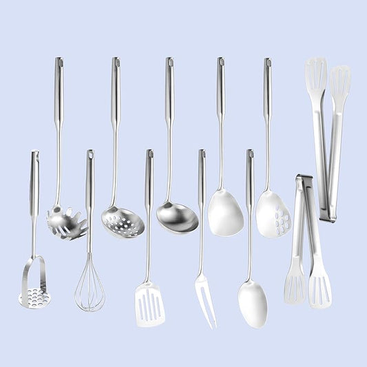 Stainless Steel Kitchen Utensils 12 Pcs, Small Cooking Utensils Set,Spatulas,Ladle,Skimmer,Tunners,Serving Spoon,Spaghetti Spoon,Fork,Potato Masher,Egg Whisk,Tongs,Dishwasher Safe by NIITAWH