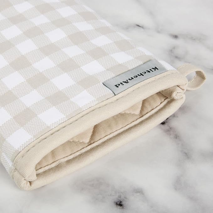 KitchenAid Gingham Oven Mitt 2-Pack Set, Milkshake, 7"x13" - Image 3