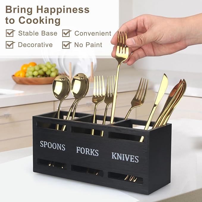 Ayiaren Wooden Silverware Caddy Flatware Cutlery Holder Wood Silverware Organizer Containers Small Black Kitchen Utensil Holder for Countertop Spoon and Fork Holder Flatware Utensils Caddy for Party - Image 2