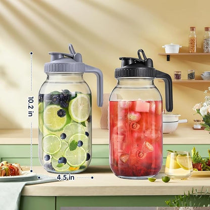 64OZ Glass Pitchers with Lid, Wide Mouth Water Jugs, Leak-Proof Airtight Mason Jars for Cold Brew Coffee, Iced tea, Milk, Food Storage, Sun Tea Jar，Set of 2. - Image 2