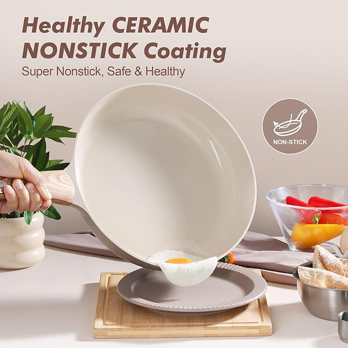 SENSARTE Ceramic Nonstick Frying Pan Skillet with Lid 8inch Non Stick Pan Omelet Pans, Non-toxic Healthy Kitchen Cooking Chef's Pan, Free of Intentionally Added PFAS/PTFE, Induction Compatible, Taupe - Image 2