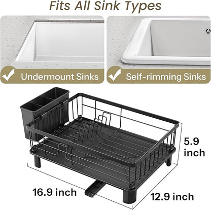 SNTD Dish Drying Rack - Small Dish Rack for Kitchen Counter, Stainless Steel Dish Drainer with Utensil Holder and Drainboard, 12.9" W x 16.9" L (Black) - Image 2