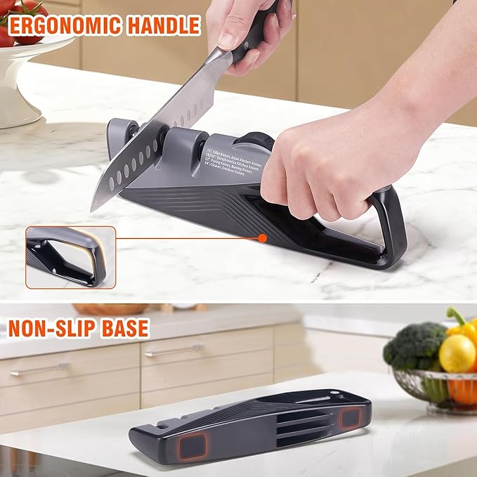 Professional Knife Sharpener with 3-Stage Sharpening - Coarse, Fine & Scissor Slots | 5-Angle Adjustable (15°-24°) | Comfort-Grip Kitchen Knife Sharpener for Kitchen Knives, Pocket, Scissors