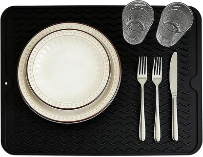 Silicone Dish Drying Mat for Kitchen Counter Eco-Friendly Fast Dry Dish Mat Easy Clean Multi Usage Drying Matt Heat Resistant Trivet Fits Under Rack, Black 12" x 16"
