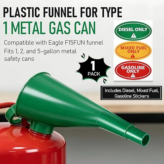 Plastic Funnel for Type I Metal Safety Cans, Compatible with Eagle F15FUN, Fits 1/2/5 Gallon Cans, 10" HDPE Funnel, Includes Diesel Only, Gasoline Only, Mixed Fuel Stickers(1 Pack,Green)