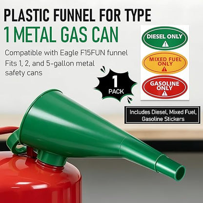 Plastic Funnel for Type I Metal Safety Cans, Compatible with Eagle F15FUN, Fits 1/2/5 Gallon Cans, 10" HDPE Funnel, Includes Diesel Only, Gasoline Only, Mixed Fuel Stickers(1 Pack,Green)