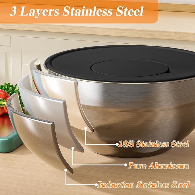 Mixing Bowls with Lids Set, 6 PCS Stainless Steel Mixing Bowls with 3 Grater Attachments, Kitchen Food Storage Organizers Nesting Mixing Bowl, Large Size 4.5, 3.5, 2.1, 1.5, 1.1, 0.7QT-Black - Image 6