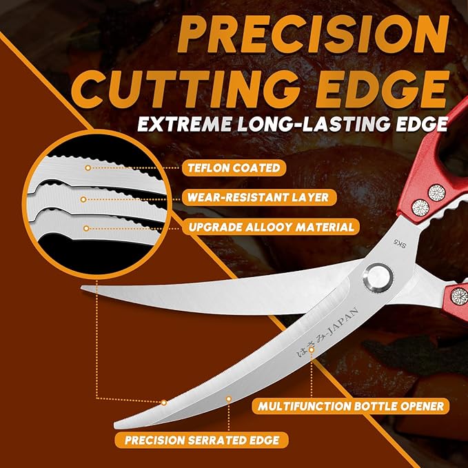 HUUSK Kitchen Scissors Set Red - Stainless Steel Kitchen Shears, Sharp Meat Scissors Dishwasher Safe, Heavy Duty Poultry Shears All Purpose, Japanese Cooking Scissor for Food,Christmas Gifts for Women - Image 3