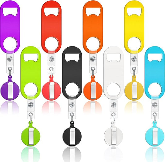 Honoson 8 Pieces Retractable Flat Bottle Opener Bartender Beer Opener with Round Badge Reel Clips Holder Bar Keys for Bartender Gifts Kitchen Home Party Supplies (Classic,Multicolor) by Honoson