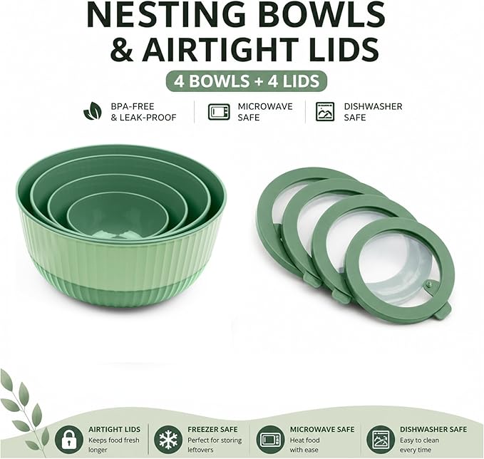 Mixing Bowls with Lids, 8-Piece Airtight Leak-Proof Nesting BPA-Free Bowl Set for Kitchen & Food Storage, Large 4200ml Capacity, Microwave & Dishwasher Safe
