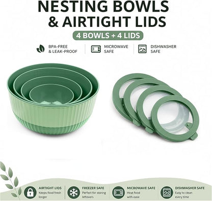 Mixing Bowls with Lids, 8-Piece Airtight Leak-Proof Nesting BPA-Free Bowl Set for Kitchen & Food Storage, Large 4200ml Capacity, Microwave & Dishwasher Safe