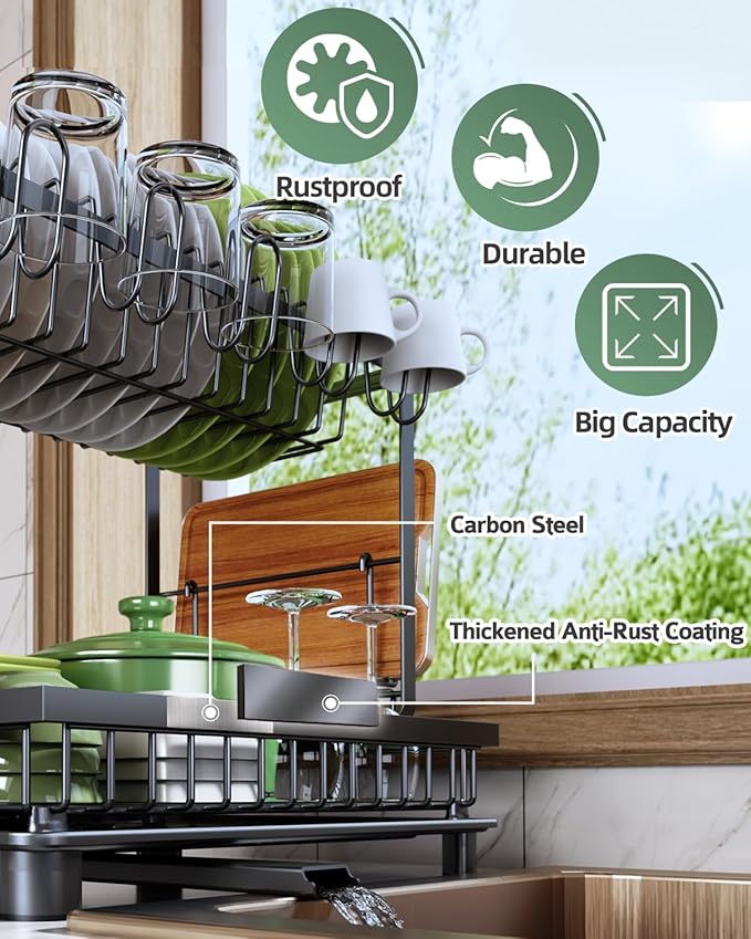 Dish Drying Rack, 2 Tier Space-Saving Dish Rack, Multifunctional Dish Drainer for Kitchen Counter with Drainboard/Utensil/Cup Holder Rustproof Carbon Steel, Black - Image 4