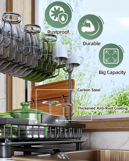Dish Drying Rack, 2 Tier Space-Saving Dish Rack, Multifunctional Dish Drainer for Kitchen Counter with Drainboard/Utensil/Cup Holder Rustproof Carbon Steel, Black - Image 4