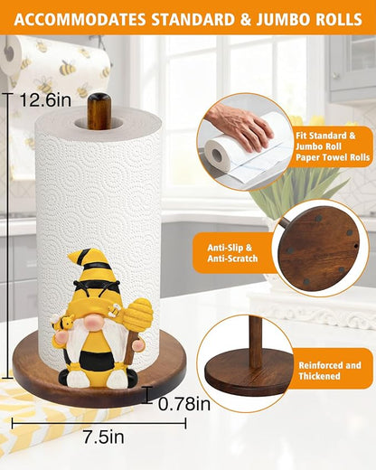 Paper Towel Holder, Honey Bee Kitchen Decor, Cute 3D Gnome Gifts for Women Mom Grandma, Wooden Freestanding Countertop Stand for Standard & Jumbo Rolls