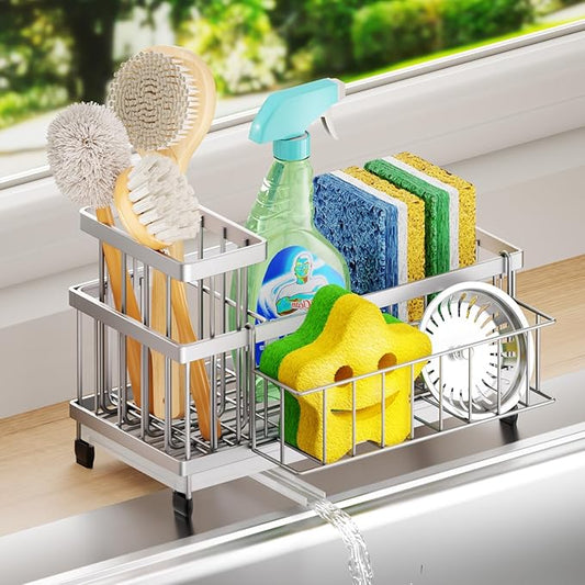 SWTYMIKI Sink Caddy Sponge Holder - Large Sponge Holder for Kitchen Sink with 360°Auto-Drain Tray, Rustproof Stainless Steel Kitchen Organizer Caddy for Countertop Organization by SwtyMiki-TidyHomeSweetLife
