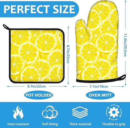 Watercolor Lemon Oven Mitts and Pot Holders Sets Heat Resistant 4Pcs Potholders Oven Gloves Hot Pads for Kitchen Baking Cooking Grilling BBQ