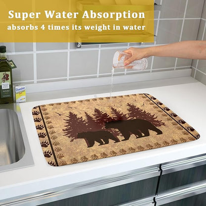 Giwawa 18"x24" Brown Bear Dish Drying Mat Rustic Forest Wildlife Woodland Dish Drainer Mats for Kitchen Countertop Farmhouse Animal Paw Print Fast Dry Microfiber Dish Drying Pad Decoration