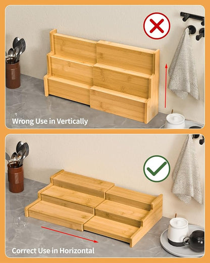 VenDotbi Spice Rack, 3-Tier Expandable Bamboo Spice Rack Organizer for Cabinet, Kitchen, Pantry and Cupboard Storage Organizer(2pack) - Image 5