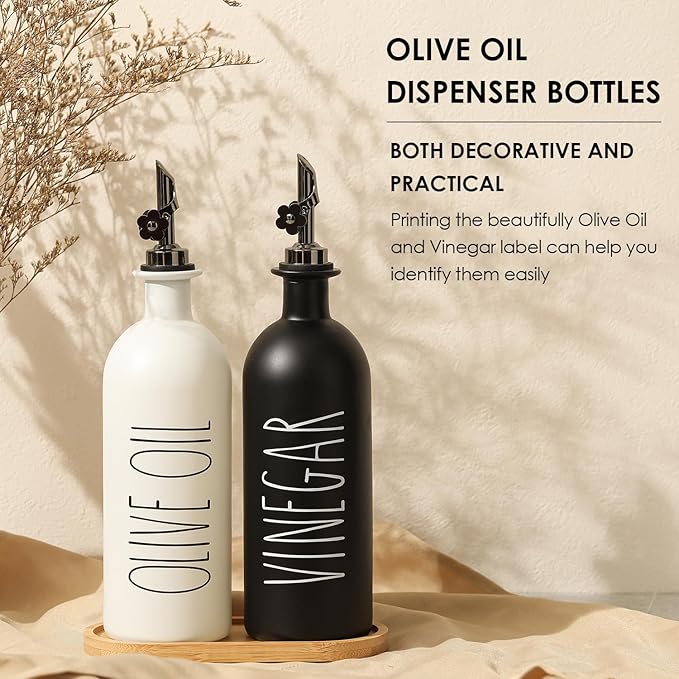 HOMCDALY 16oz Olive Oil Dispenser Bottles for Kitchen, Glass Oil Dispenser for Kitchen with Bamboo Tray, Oil&Vinegar Dispenser Set | Set of 2 (16oz-P-Black&White) - Image 5