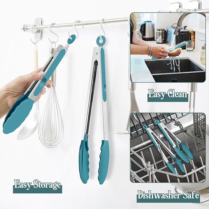 TeamFar Kitchen Tongs, 9" and 12" Stainless Steel Cooking Tongs with Silicone Tips for Cooking Grilling Serving & BBQ, Heat Resistant Silicone Tongs, Locking Design & Dishwasher Safe, Set of 2 & Blue - Image 5