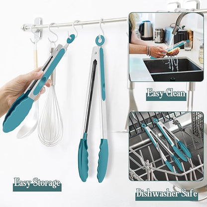 TeamFar Kitchen Tongs, 9" and 12" Stainless Steel Cooking Tongs with Silicone Tips for Cooking Grilling Serving & BBQ, Heat Resistant Silicone Tongs, Locking Design & Dishwasher Safe, Set of 2 & Blue - Image 5