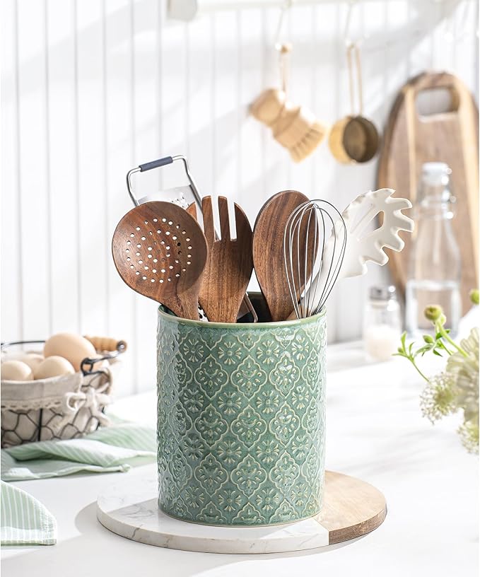 Kitchen Utensil Holder, 6x7 inch Large Ceramic Utensil Holder with Embossed Pattern, Cooking Utensil Crocks for Kitchen Countertop, Home Decor, Forest Green - Image 2